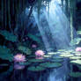 Shaded Pond With Water Lilies