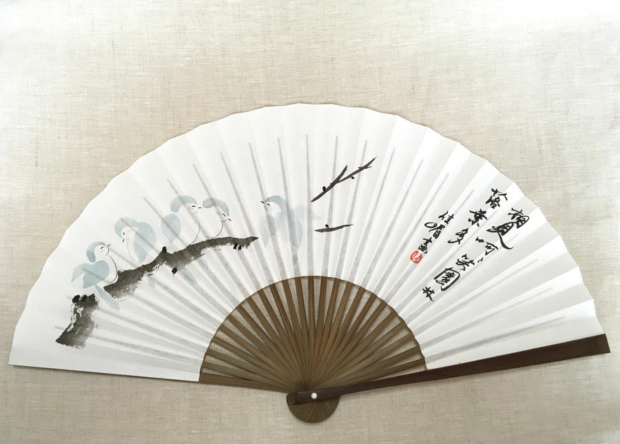 Flock of Blue Snow Birds, Handpainted Japanese fan