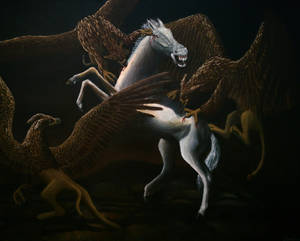Griffins attacking a horse