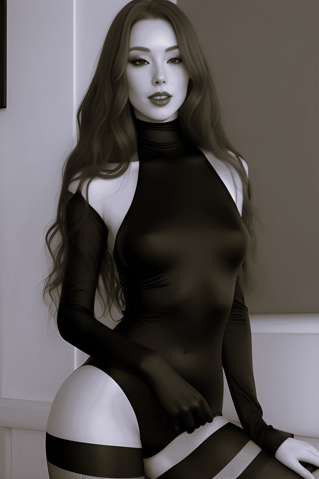 Hot Redhead In Nylon Spandex (Black and White)