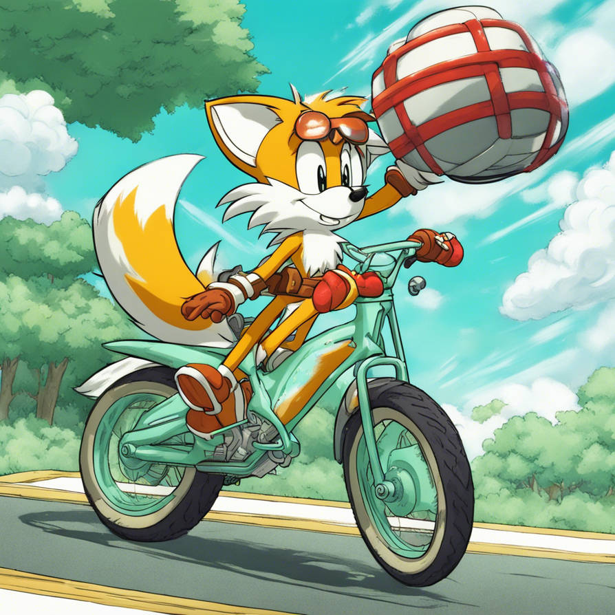 Tails rides a mint bike