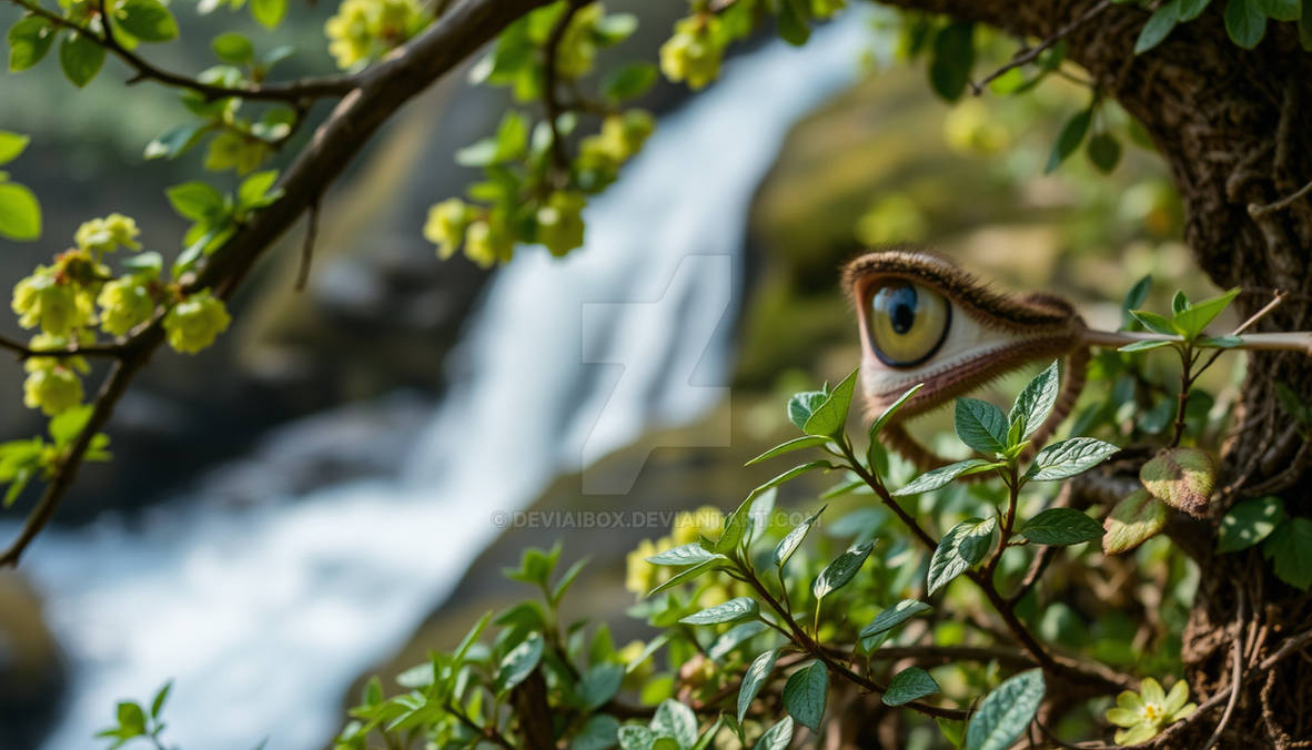 A huge eye among the tree branches, green leaves