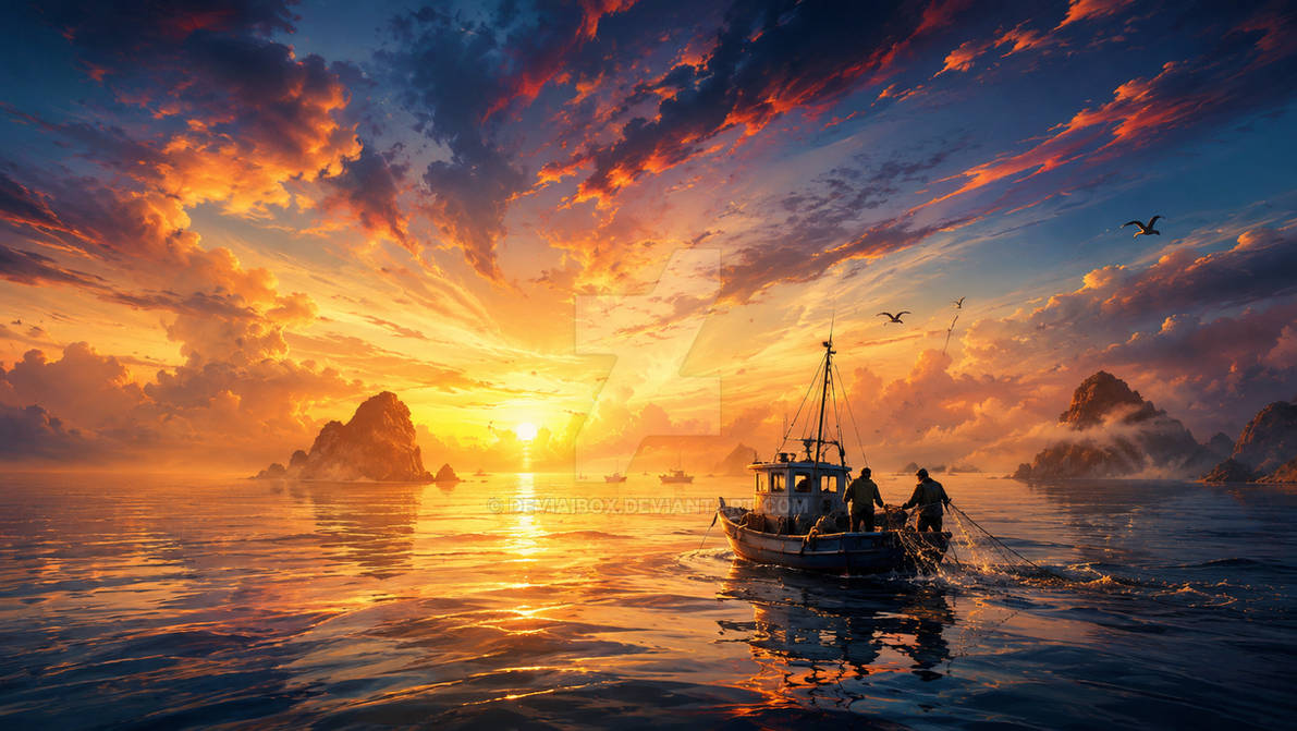 Fishermen in the Glow of the Sunset