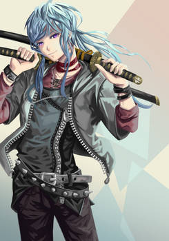 blue hair and katana