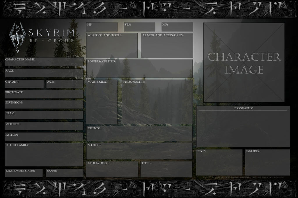 SkyrimRPGroup Official Character Sheet Blank by DrohungDragonNinja