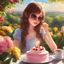 1girl, Gardentable, Cake Delicious Sun In Backgrou