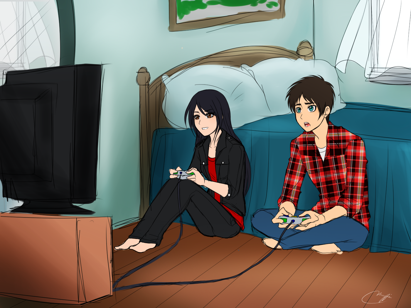 Playing Video Games Eren x Veena - MEME ART