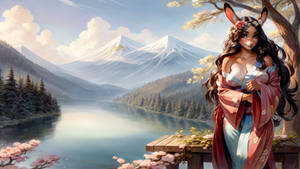 A rabbit in a kimono against snow-capped mountains