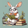 Cartoon rabbit reading a book drinking tea