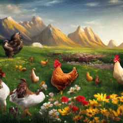 chickens in a field of flowers, Dreamup creation