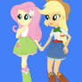 Fluttershy and Applejack on Blue Background