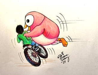 Pink Penguin Tackles Biker