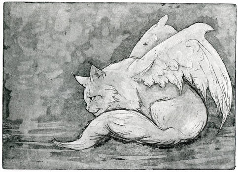 Angel cat, Hand pulled Etching + Aquatint work