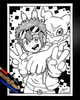 Davis and Veemon Inked Art