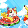 Jibanyan and Pikachu having fun in summer