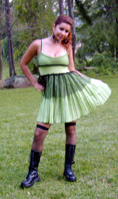 Green tattered fishnet dress