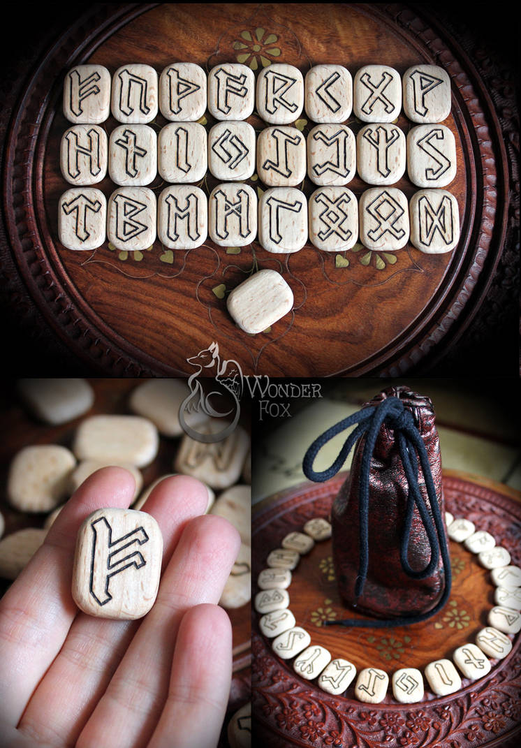 Handmade wooden rune set with a bag by Wonder-fox on DeviantArt