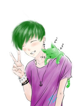 Green hair and his cat