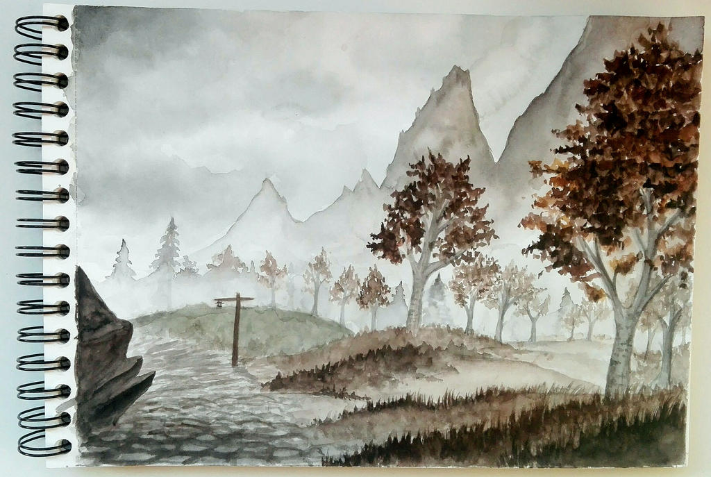 Foggy road, close to Riften - watercolor skyrim la