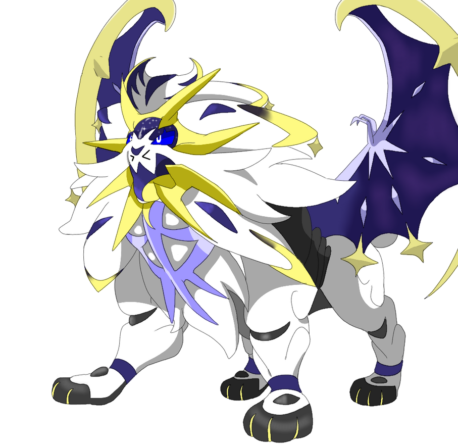 Lunaleo, fusion of Solgaleo and Lunala ☀️🌙 (Swipe to see the alternate  color). How I'd imagined if Lunala as part Ghost type, possessed…