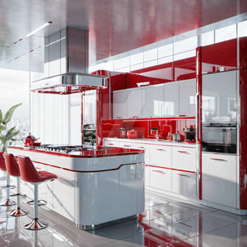 Kitchen - Red, White, Chrome Glossy