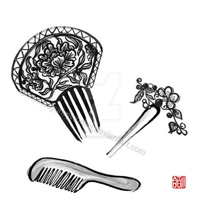 Chinese combs and hairpin - sumi-e