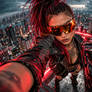 Cyberpunk Woman Rooftop Selfie