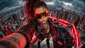 Cyberpunk Woman Rooftop Selfie