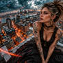 Stormy Rooftop Woman Overlooking the City