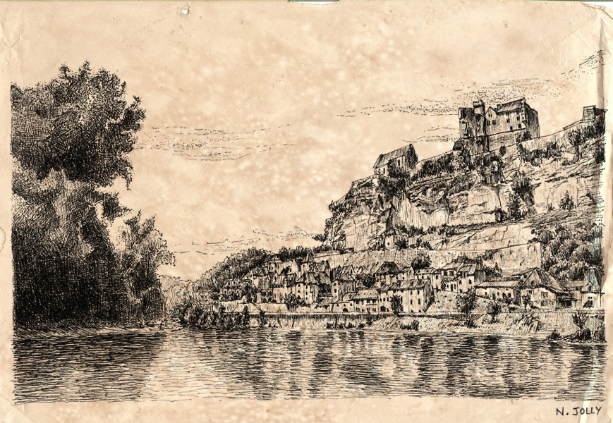 The Dordogne river and Beynac old paper