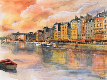 (SOLD) Sunset over Honfleur - Watercolor