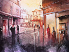 SOLD - Sunset over Montmartre - Watercolor