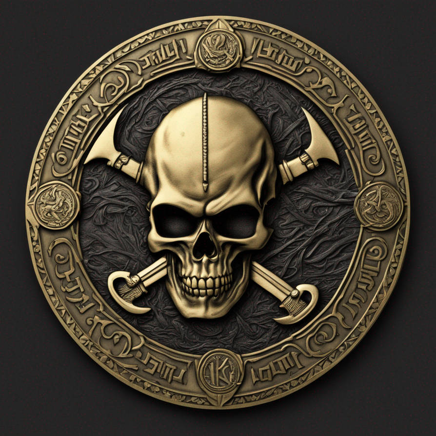 Brass Coin On Black Background, 3d Engraved Skull