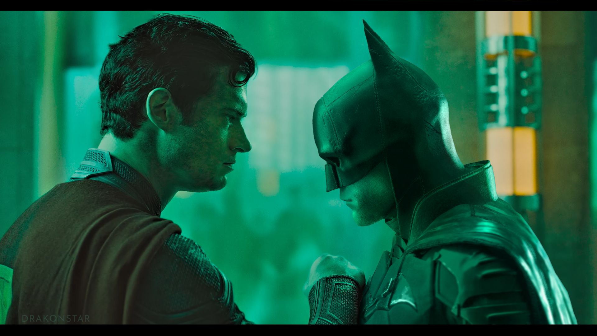 A screenshot of a scene from Superman (2025), edited so that Superman and Batman from The Batman (2022) are facing each other.