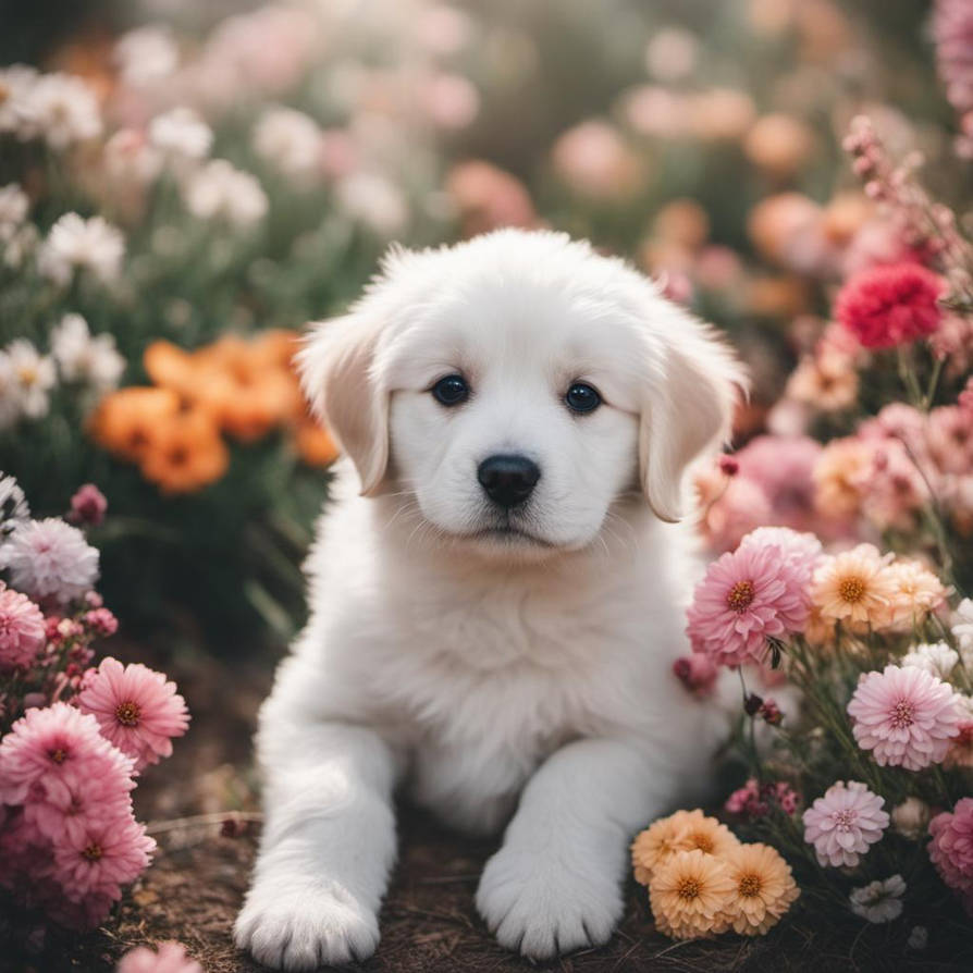 A cute puppy surrounded by flowers