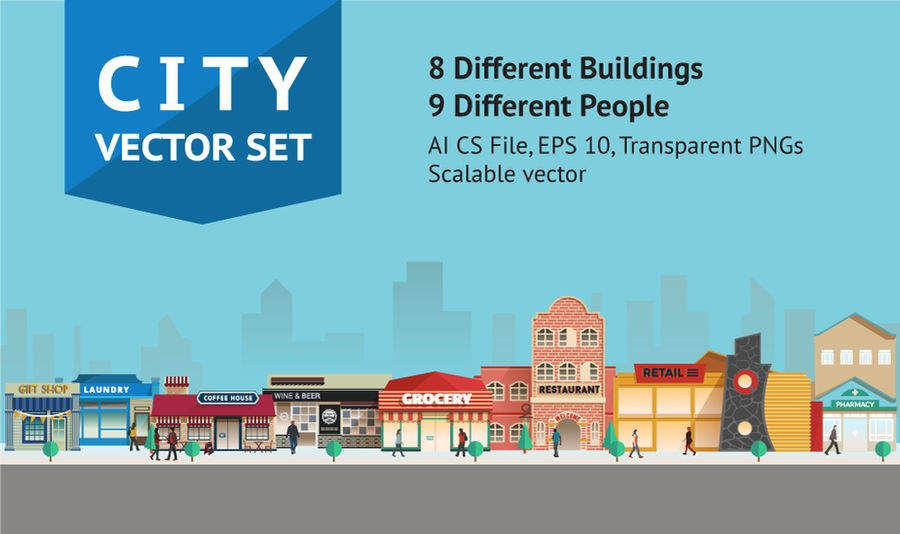 City Buildings and Shops Vector Set