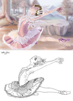 Swan ballerina painting with lineart Stock