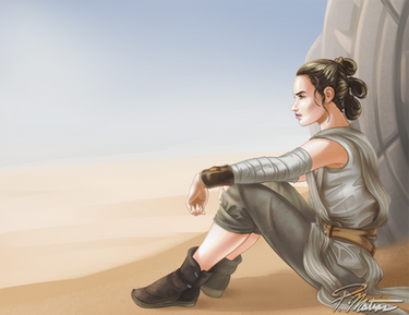 Rey overlooking the sandy dunes of Jakku