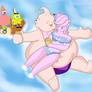 Jeena and Majin Buu floating and eating