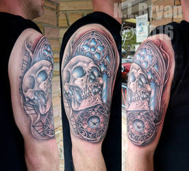 Skull, Watch, Window half sleeve Tattoo COMPLETE