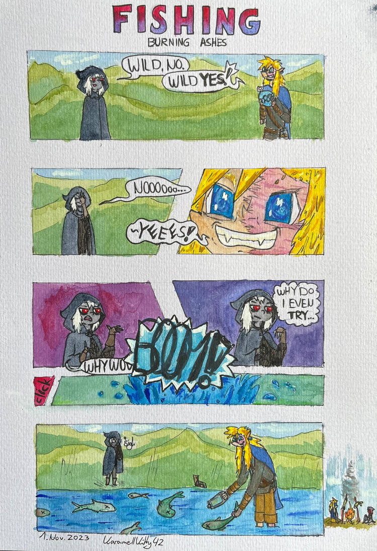 Dark and Wild standing on a river. Dark complains that fishing with bombs is stupid, but Wild ignores him and detonates the bomb.