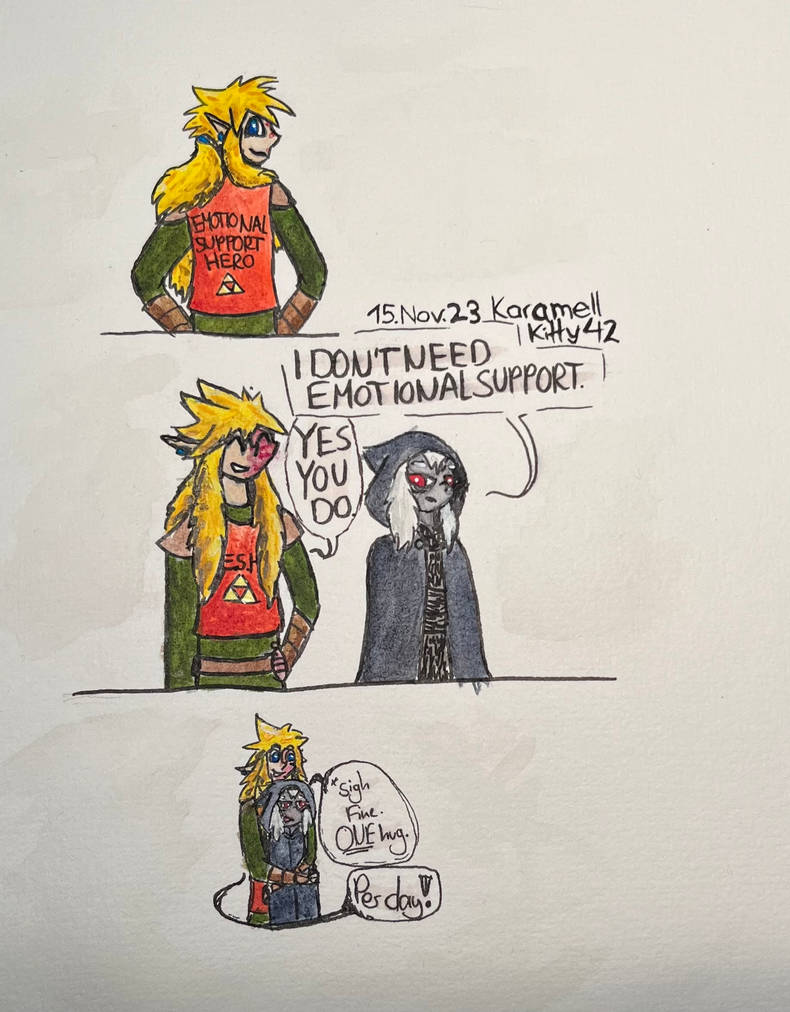 Wild is wearing a vest that say 'Emotional Support Hero'. Dark insists he doesn't need emotional support, but Wild hugs him anyways.