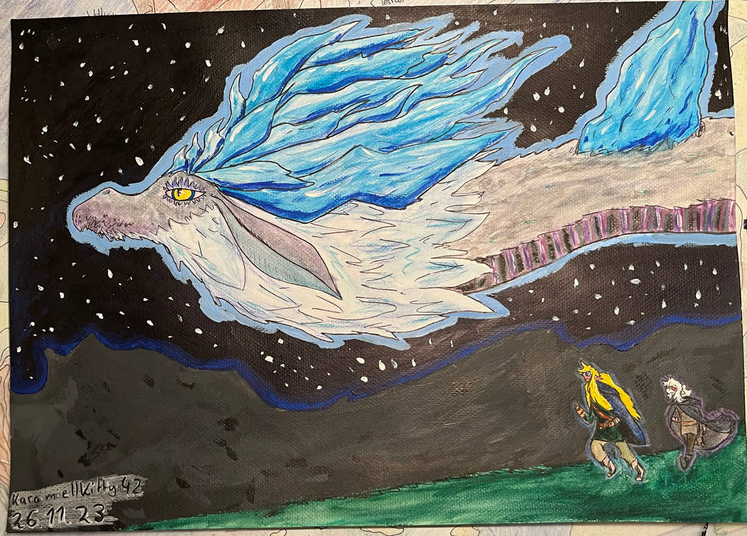 Wild and Dark run after Naydra, who is flying through the night sky.