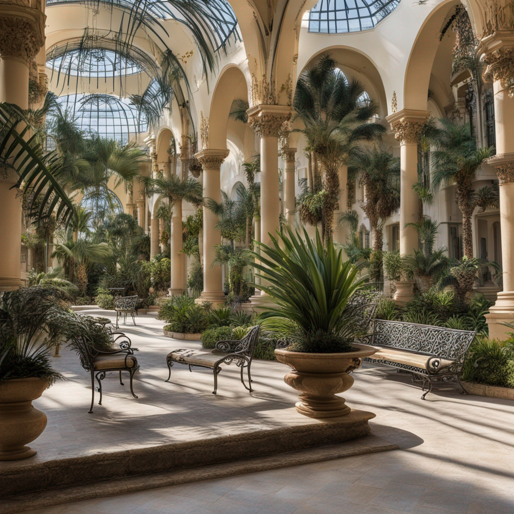 Winter garden with palm trees, exotic plants and w