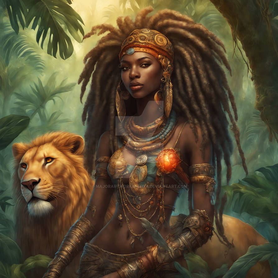 african queen and her lion