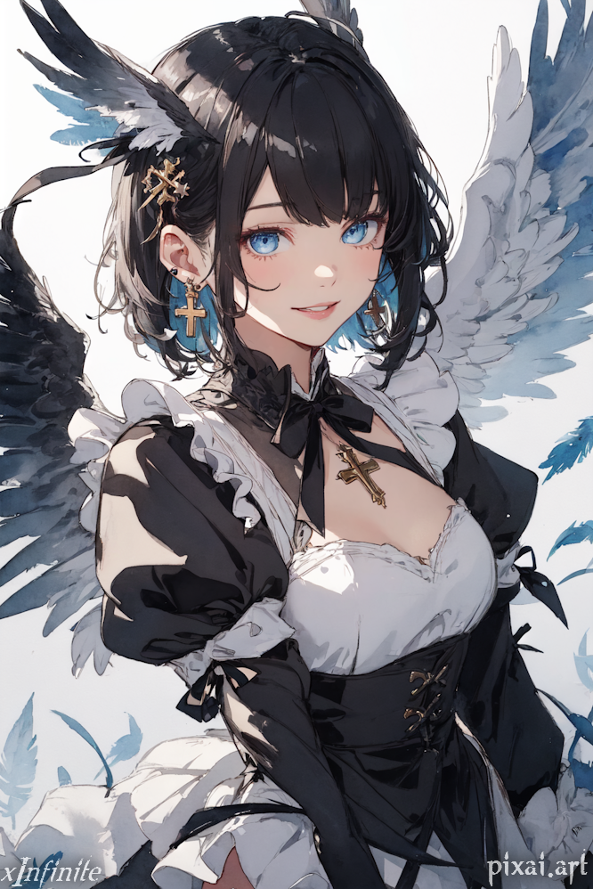 Anime Girl With Black Hair And Blue Eyes And Wings
