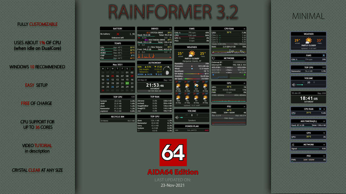Rainformer 3.2 AIDA64 Edition | Rainmeter by Pul53dr1v3r on