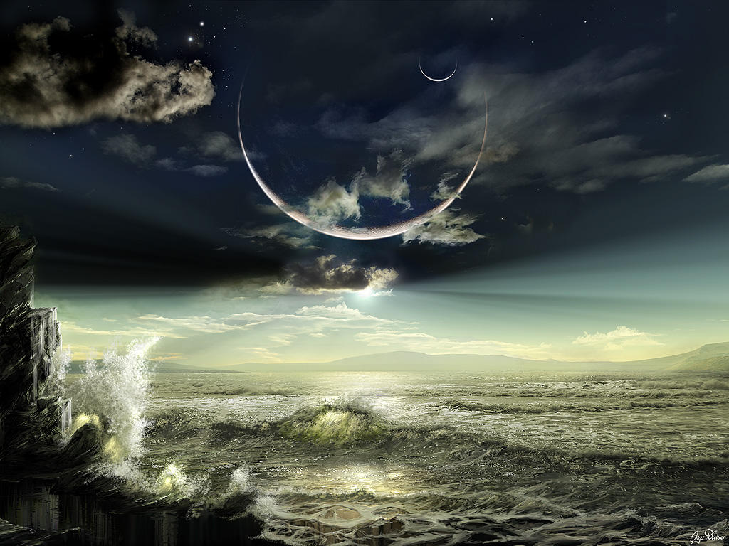 Другая заставка. Inga Nielsen художник. Море фантастика. Мистическое небо. Фантастическое ночное небо.