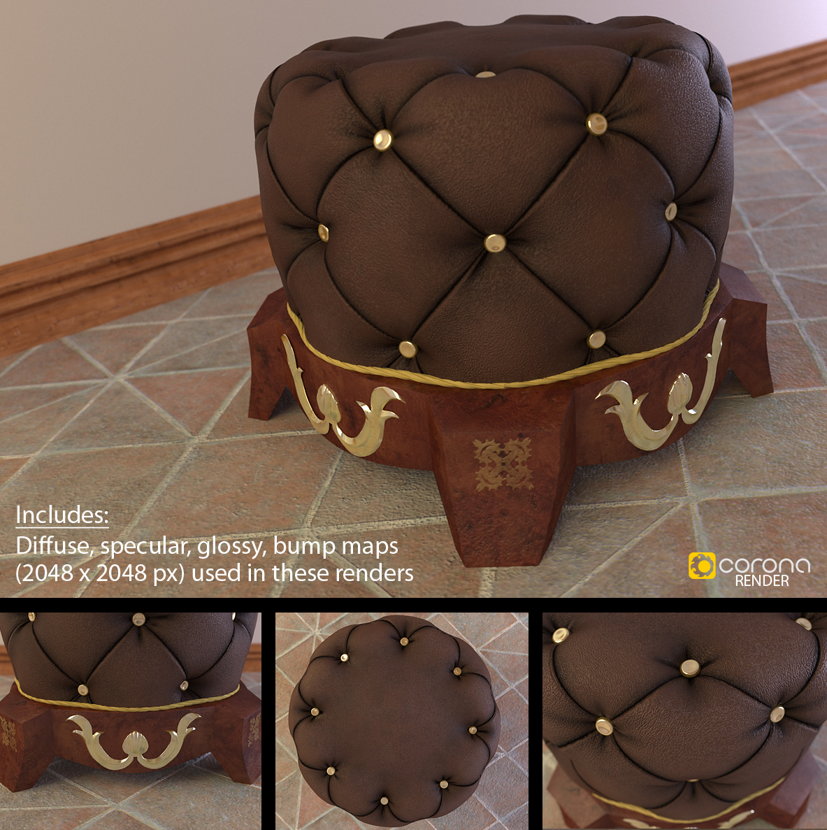 Free 3D Model: Royal Chesterfield Ottoman