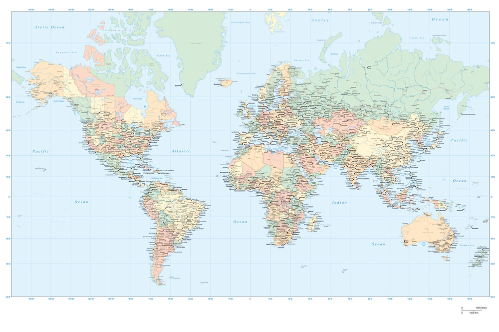 Mapa mundial con nombres de paises y ciudades AI